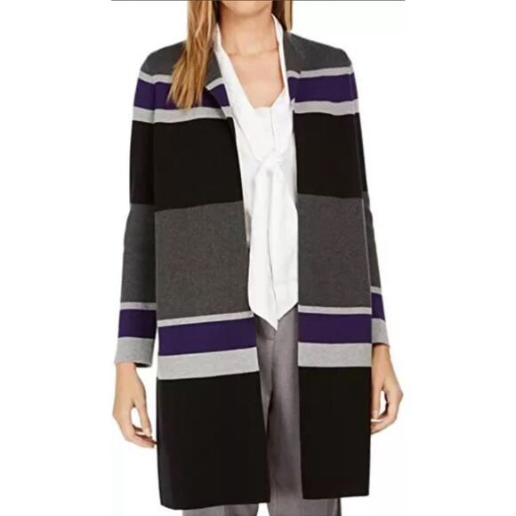 Calvin Klein Open Front Long Cardigan 2X Gray Purple Black Color Block Stripes - Picture 1 of 11